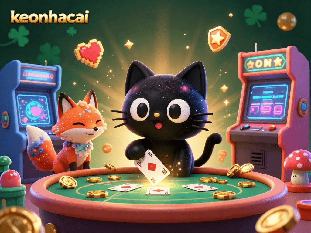 Join the cosmic casino fun with keonhacai as the black hole cat pulls in golden chips and cards!