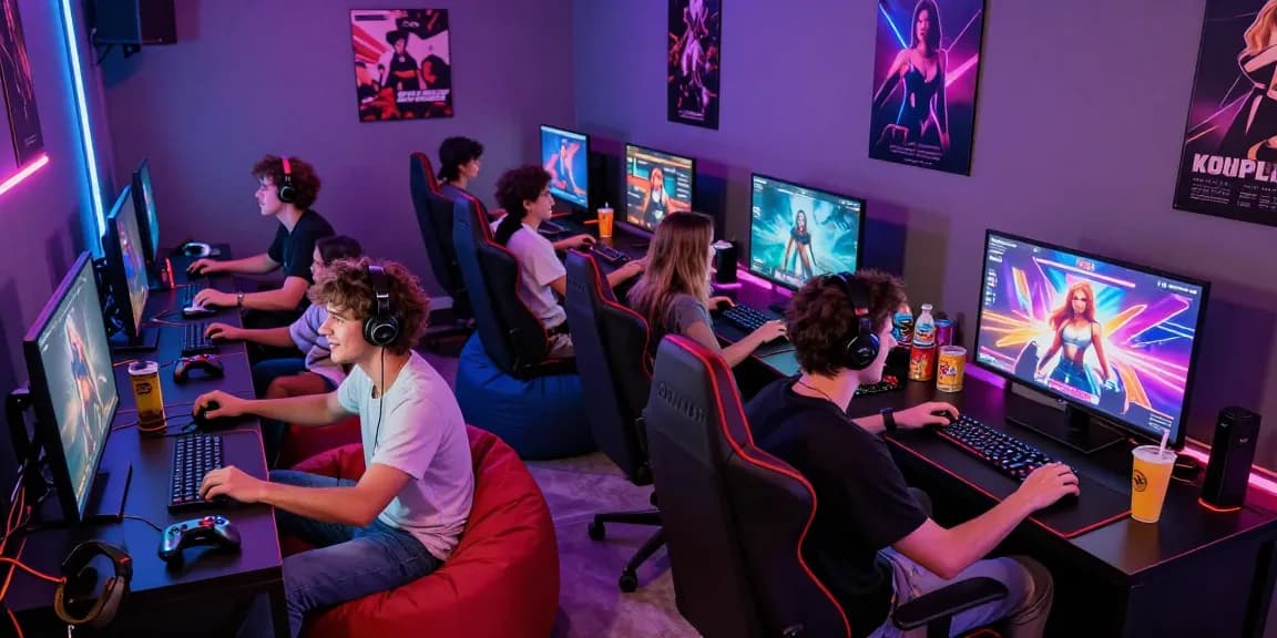 Engaged friends playing online porn games in a colorful gaming lounge.