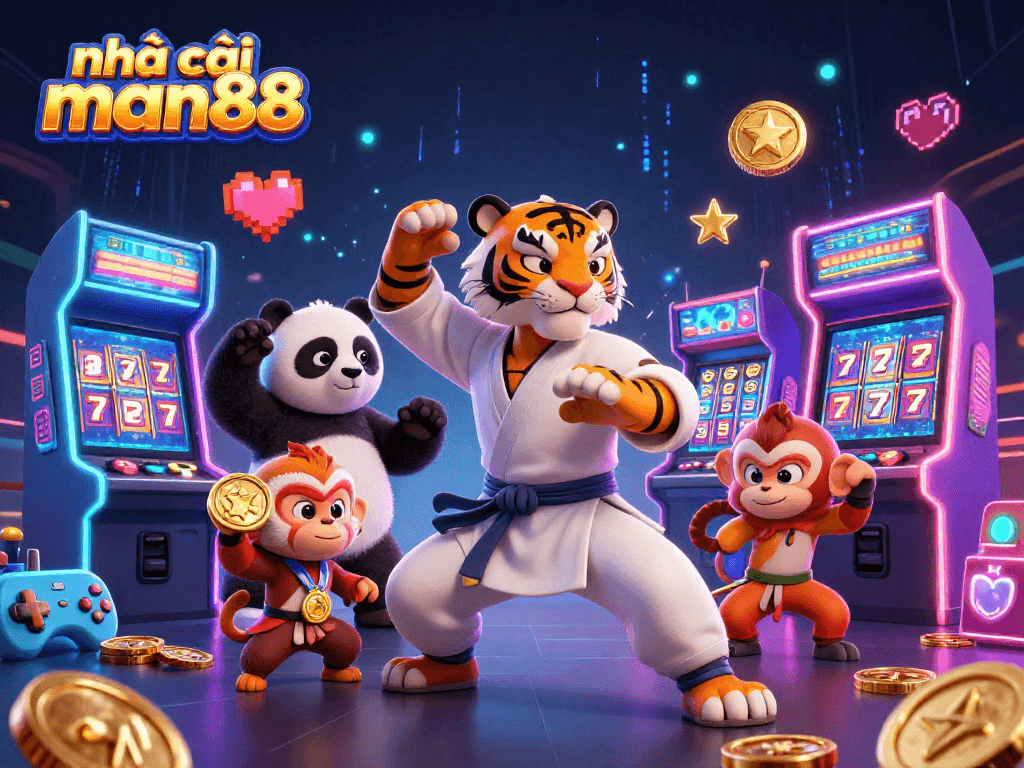 Engage with nhà cái man88 in this vibrant illustration of a kung fu master tiger and gaming elements.