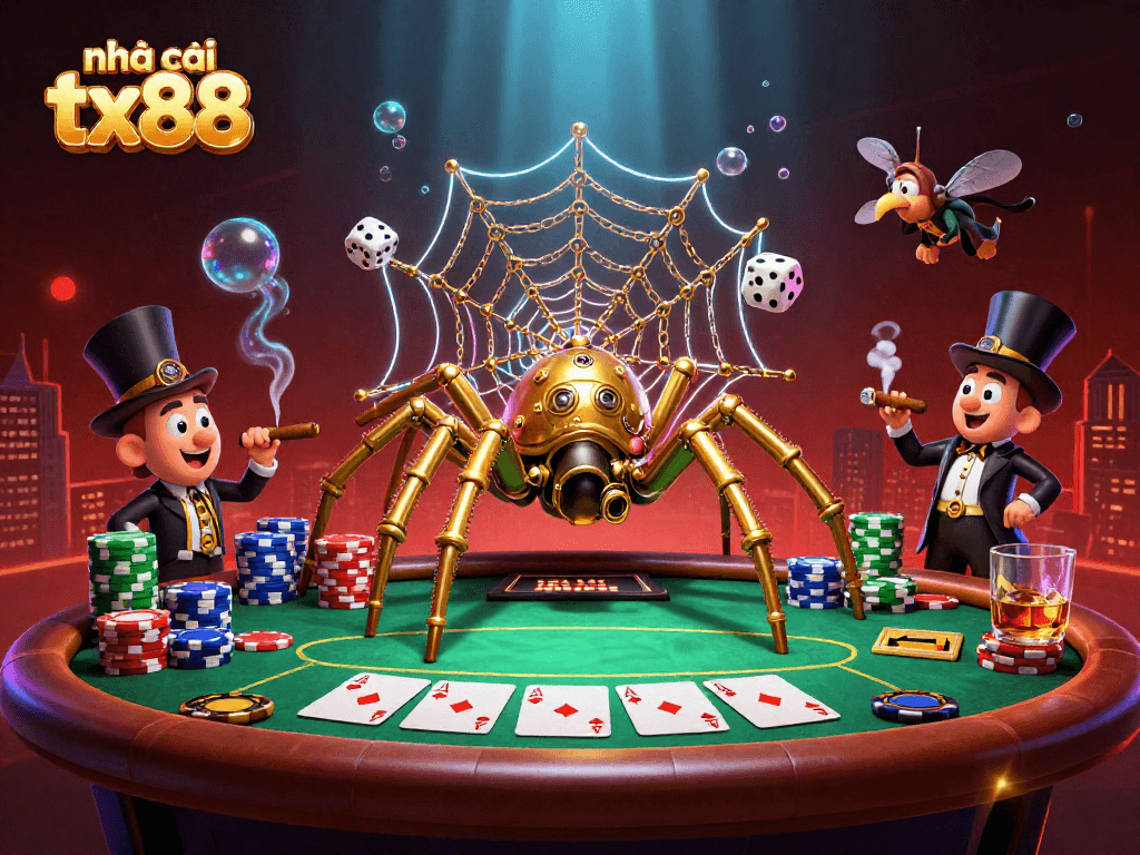 Experience the excitement of nhà cái tx88 with a dynamic steampunk spider webbing poker chips in this striking illustration.