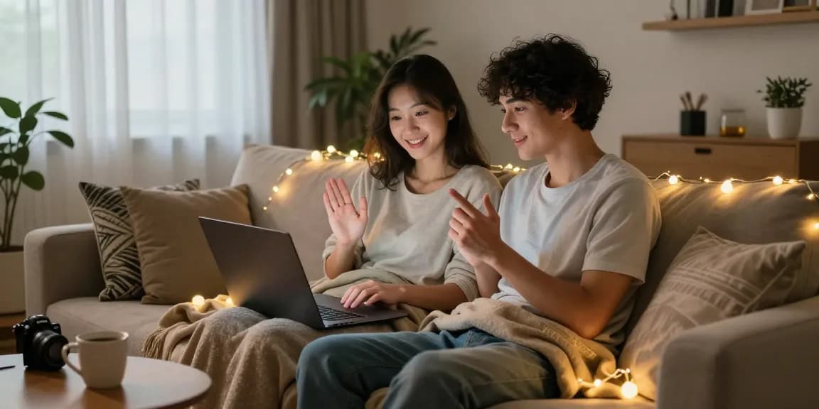 Couple enjoying an ai sex chat together, cozy atmosphere with laptop and warm lighting.