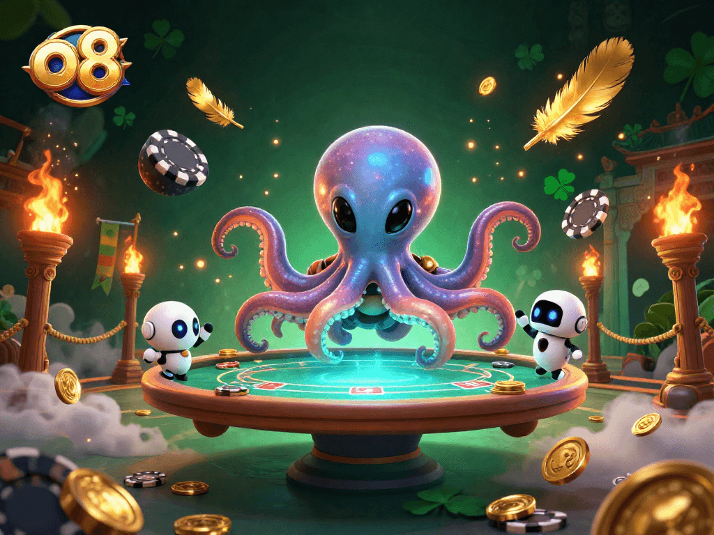 Engage with o8's thrilling 3D casino world featuring a vibrant alien octopus and exciting poker gameplay.