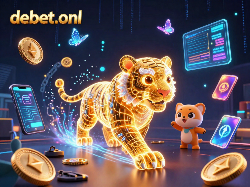 Engage with debet-onl in a vibrant, digital casino world, splashed with crypto elements.