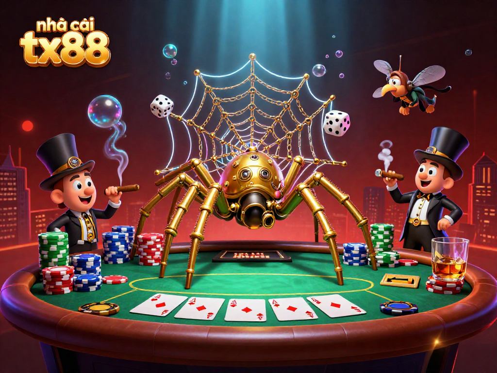 Experience the excitement of nhà cái tx88 with a dynamic steampunk spider webbing poker chips in this striking illustration.