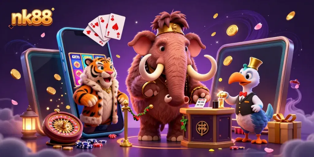 nk88 showcases a bouncer mammoth, a saber-tooth VIP, and a dodo doorman at the casino entrance with vibrant slot game elements.
