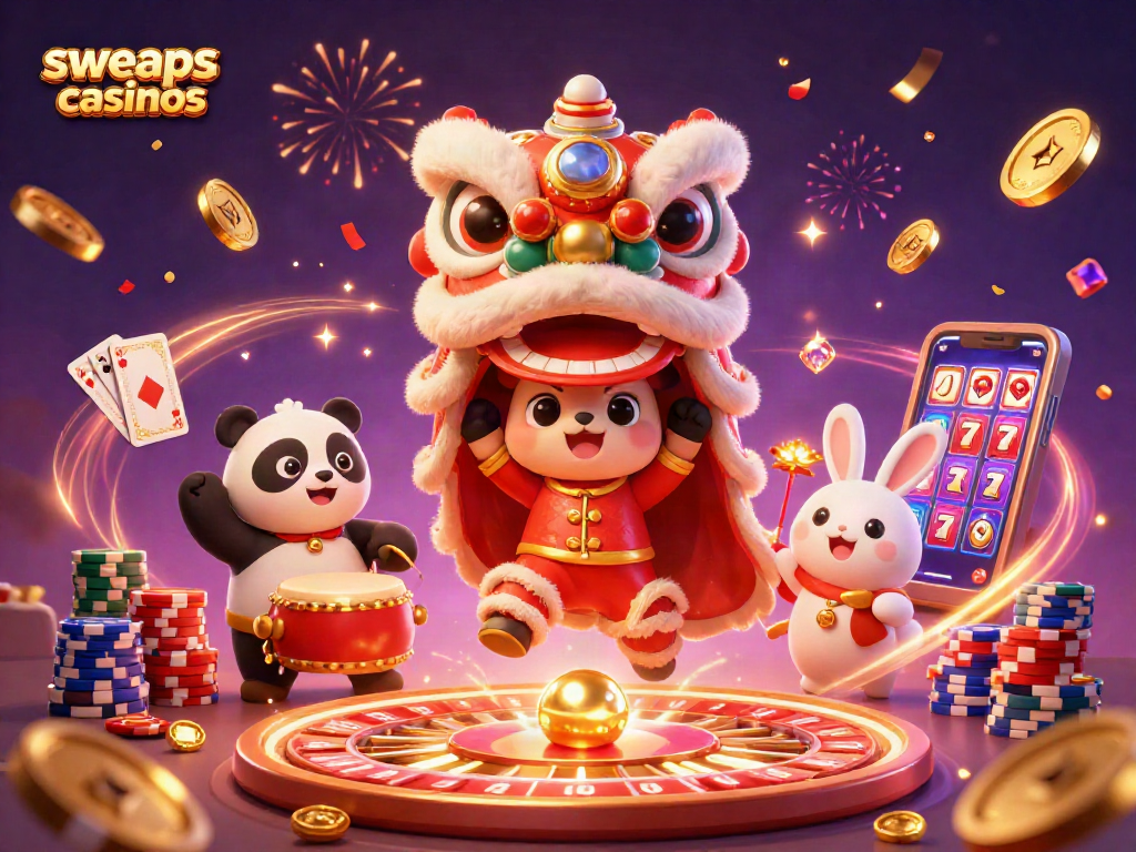 Experience the excitement of sweeps casinos with a vibrant 3D illustration of festive characters amidst casino elements.