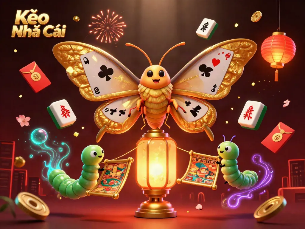 Kèo Nhà Cái illustration showcasing an atlas moth surrounded by vibrant casino elements and lanterns, emphasizing betting excitement.