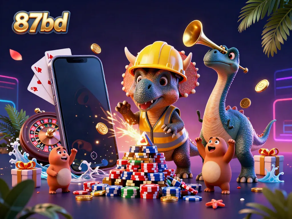 Engage in the excitement of 87bd with a vibrant scene of cartoon dinosaurs celebrating casino games.