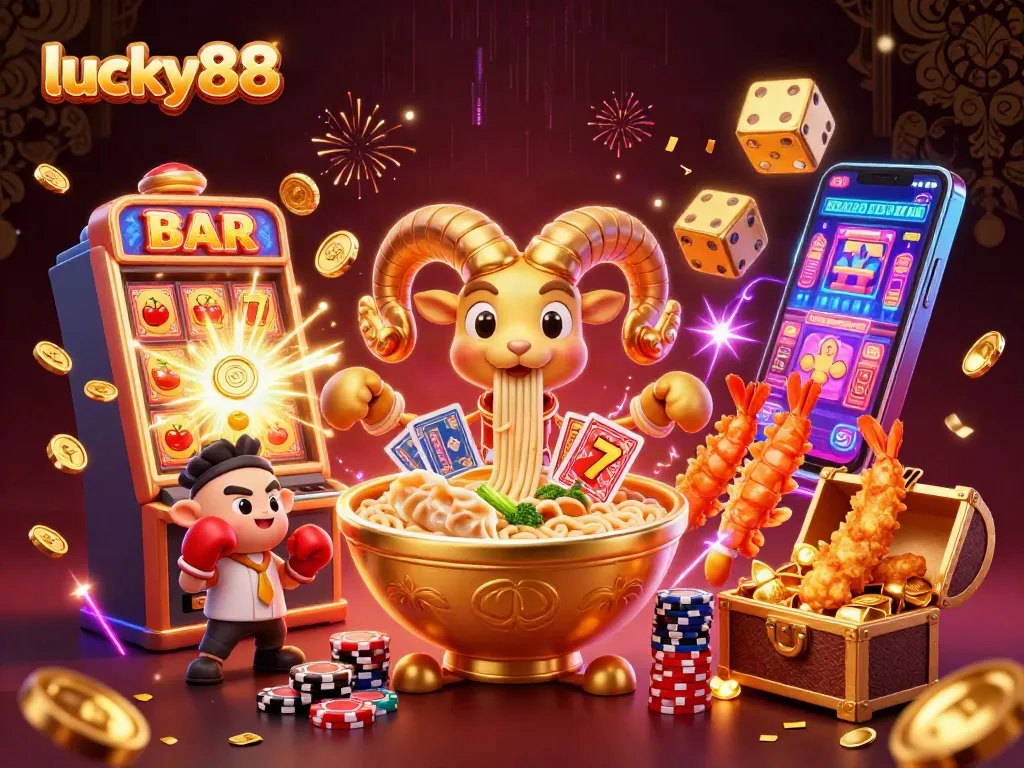 Win big with lucky88 in a vibrant 3D casino showdown featuring animated characters and game elements.