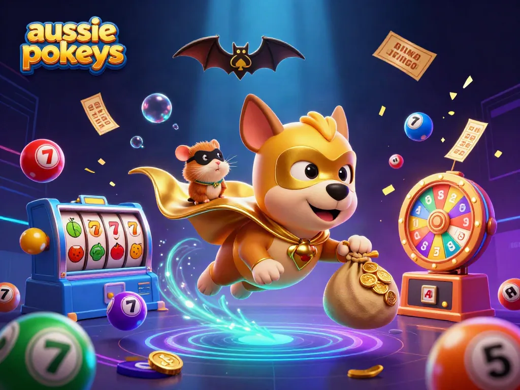 Experience the thrill of Aussie pokies with a superhero dog and hamster amidst dynamic casino elements.