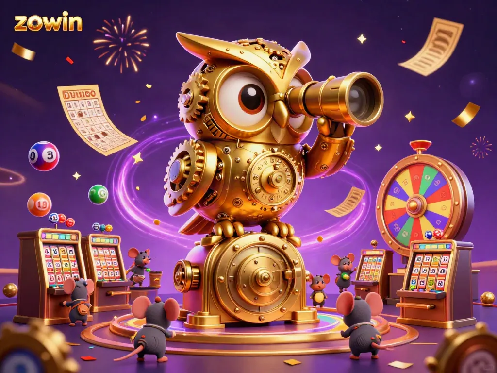 Zowin brings excitement to players with a dynamic casino scene featuring an owl and lively characters.