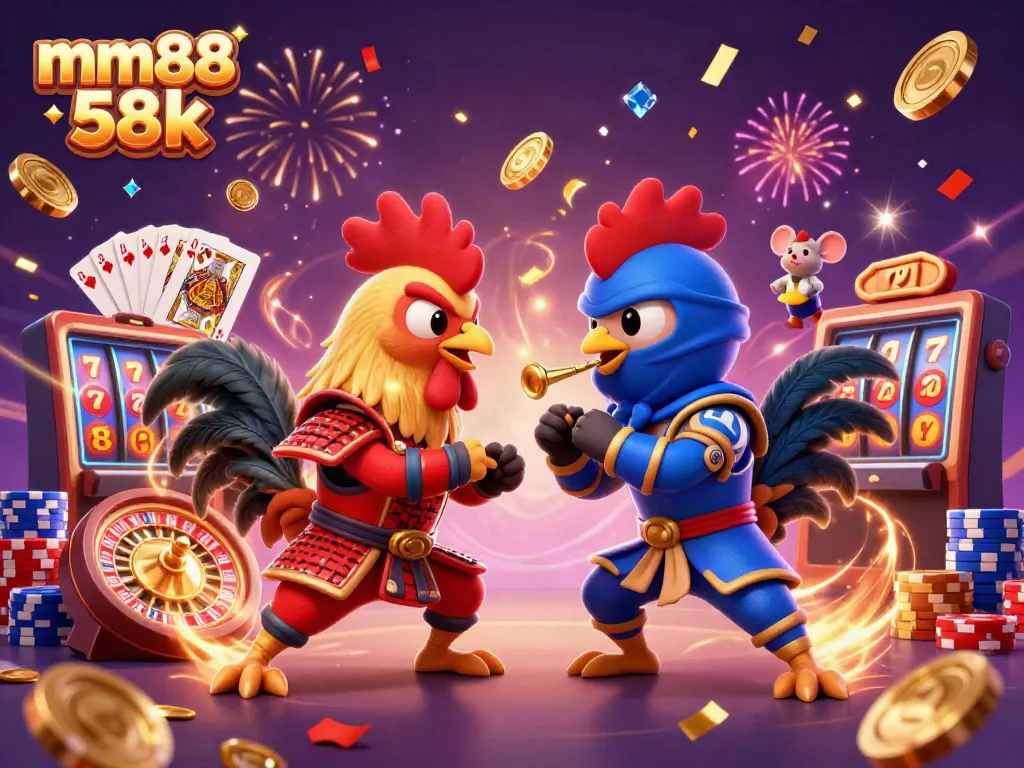 Engage with the thrilling mm88 58k standoff between cartoon roosters in a vibrant casino scene filled with action.