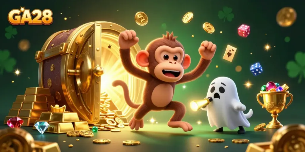Experience the thrill at GA28 as a ghost-hunter puppy tracks a mischievous monkey juggling golden casino treasures.