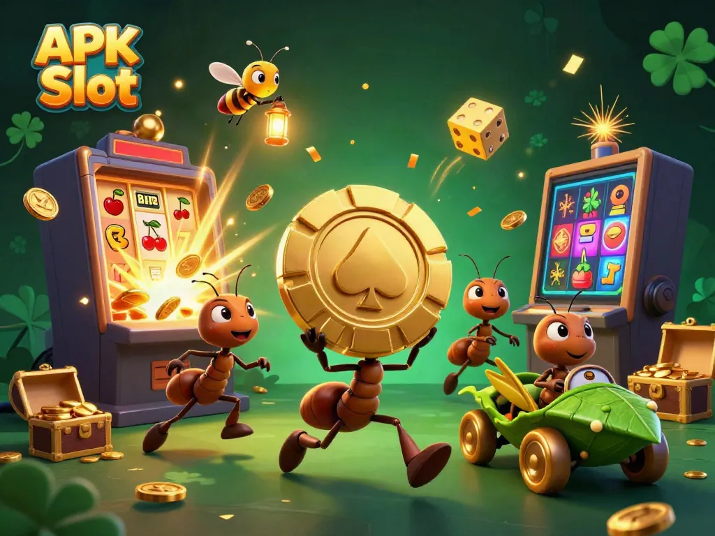 Experience the excitement of APK Slot with a 3D heist scene featuring ants and a slot machine burst.