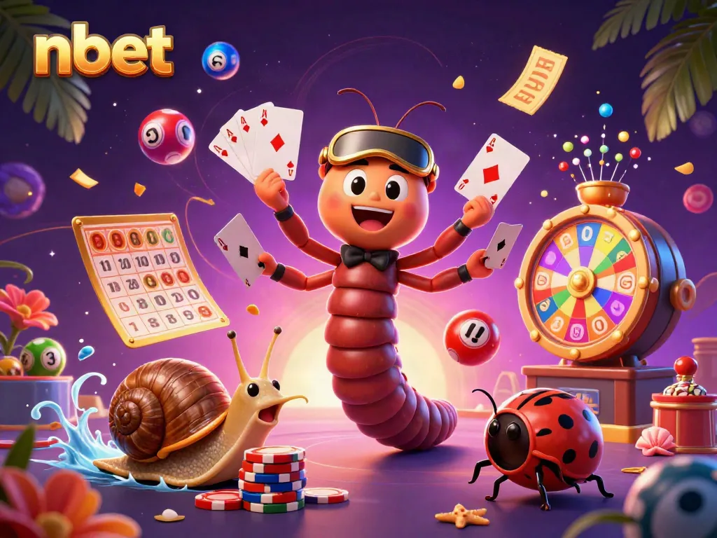 Experience thrilling gameplay with nbet's dynamic casino scene featuring a cartoon millipede dealer and vibrant game elements.