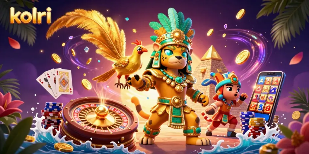 Engage in exciting casino adventures with kolpri, featuring vibrant characters amidst dynamic gaming elements.
