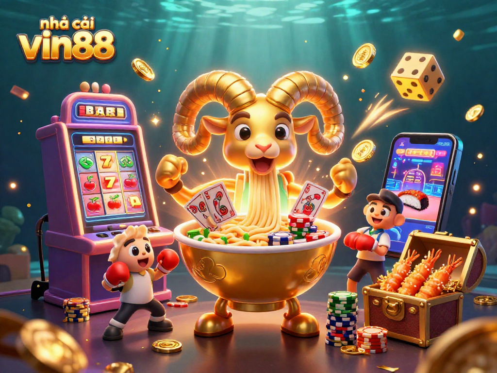 nhà cái vin88 presents a vibrant 3D casino scene with a golden ramen bowl character dealing cards amidst explosive slot machine action.