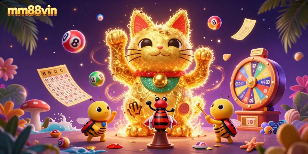 Experience the excitement at mm88vin with vibrant casino symbols, a giant lucky cat, and dynamic lottery elements.