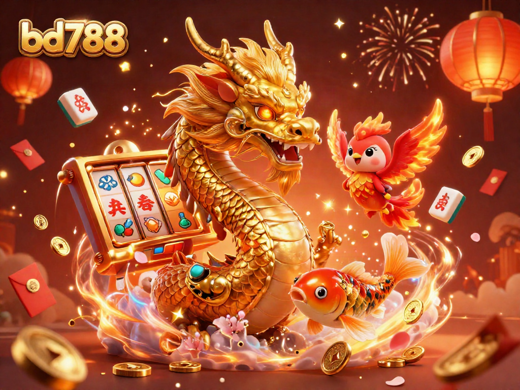 Engage with vibrant casino excitement in bd788 featuring a dragon, phoenix, and koi fish.