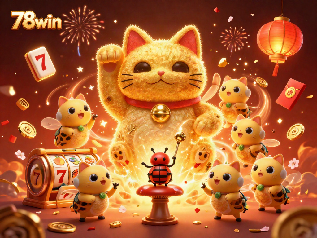 Experience exciting gameplay with 78win's vibrant 3D casino illustration featuring lucky symbols.