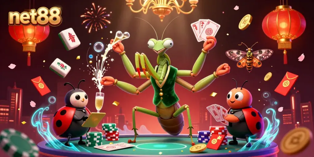 Experience the excitement of net88 with a vibrant 3D casino scene featuring playful characters and dynamic game elements.