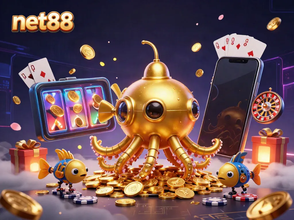 Experience thrilling gaming with net88's vibrant 3D illustration showcasing a kraken submarine and casino elements.