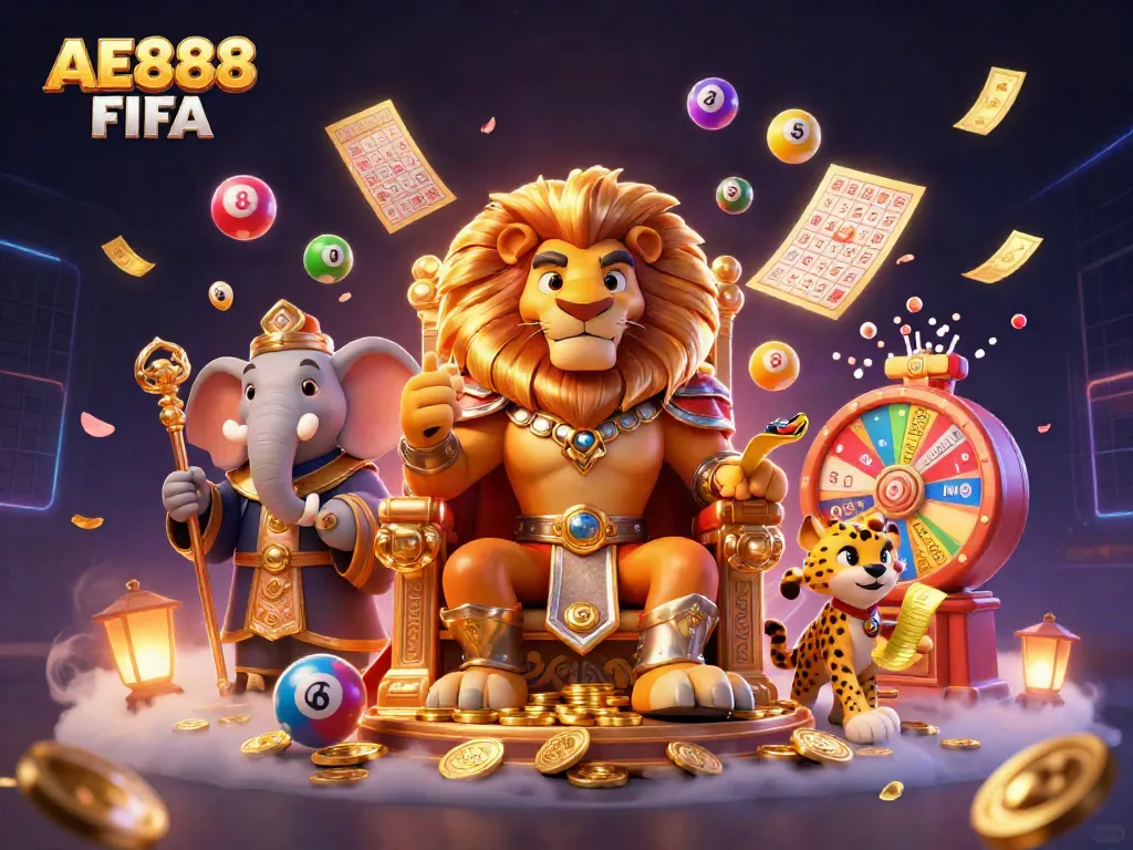 Experience thrilling gameplay with AE888 FIFA, featuring a lion king, elephant advisor, and cheetah messenger.
