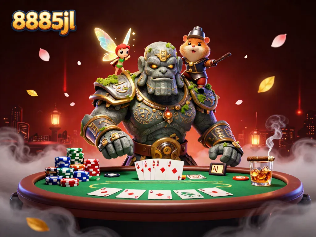 Engage with the magical world of 8885jl, where a golem and fairy create an enchanting poker scene.