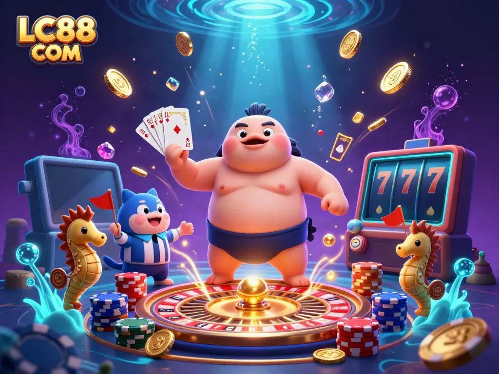 Experience thrilling underwater casino action with LC88 COM, featuring a lively fugu and dazzling game elements.