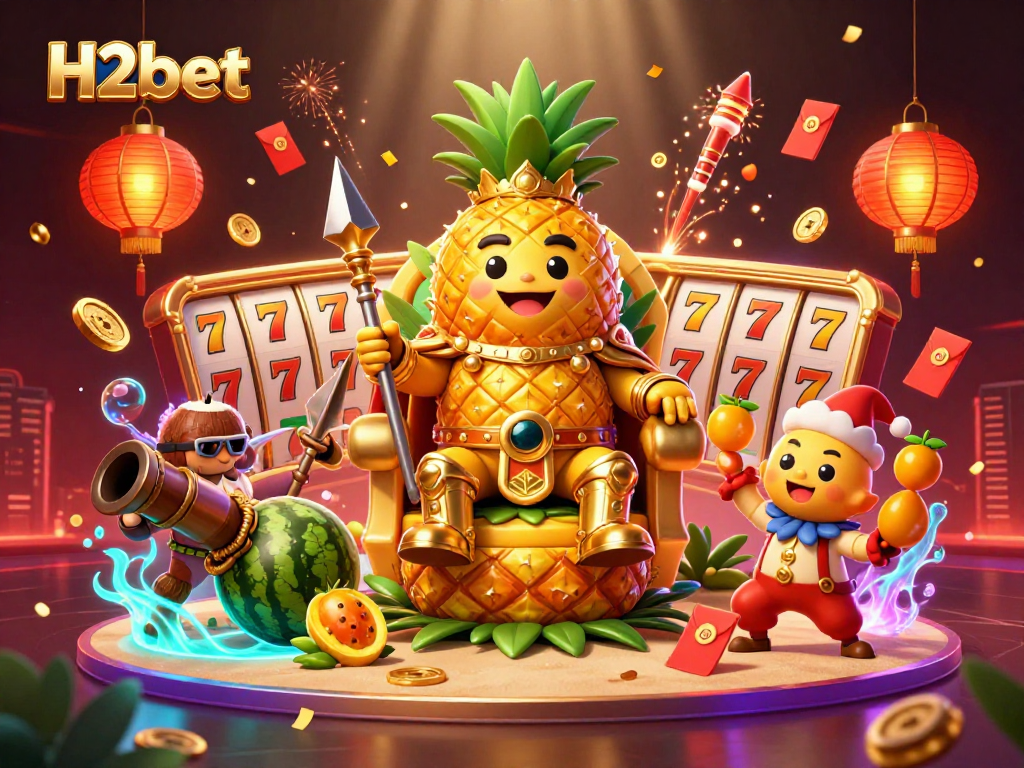 H2bet showcases a dynamic 3D casino scene with a golden pineapple king, adding excitement to your gaming experience.