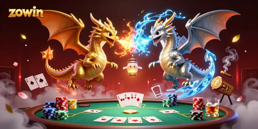 Zowin showcases a vibrant casino scene with twin dragons and a dynamic poker setup.