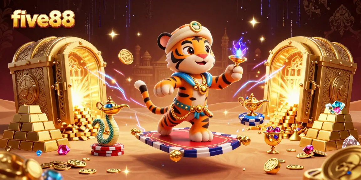 Experience excitement with five88 in this vibrant casino-themed adventure illustration packed with treasure!