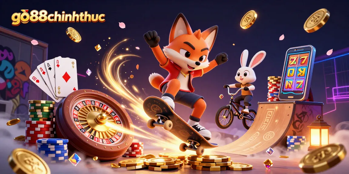 Experience thrilling gameplay at go88chinhthuc with vivid casino elements like poker chips and golden coins.
