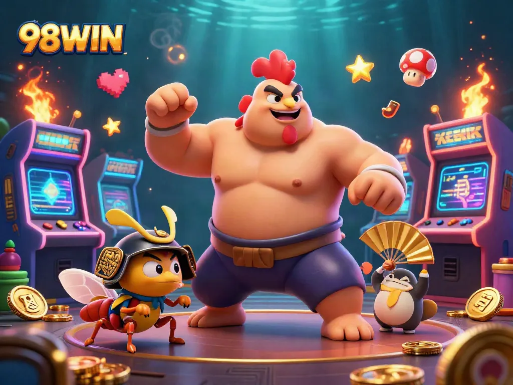 Join the action at 98WIN with dynamic characters and colorful casino elements enhancing the thrill.