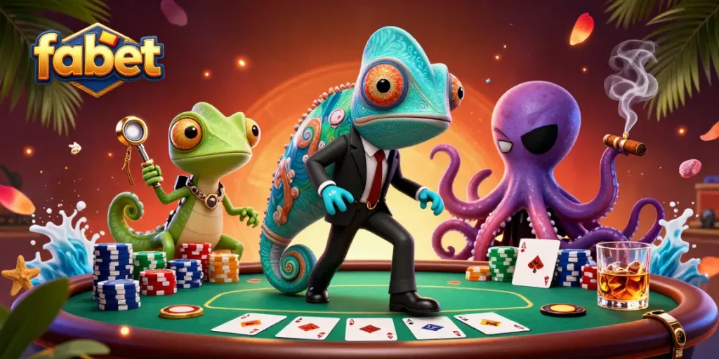 Engage in thrilling poker at fabet with a colorful casino scene featuring animated characters and a dynamic atmosphere.