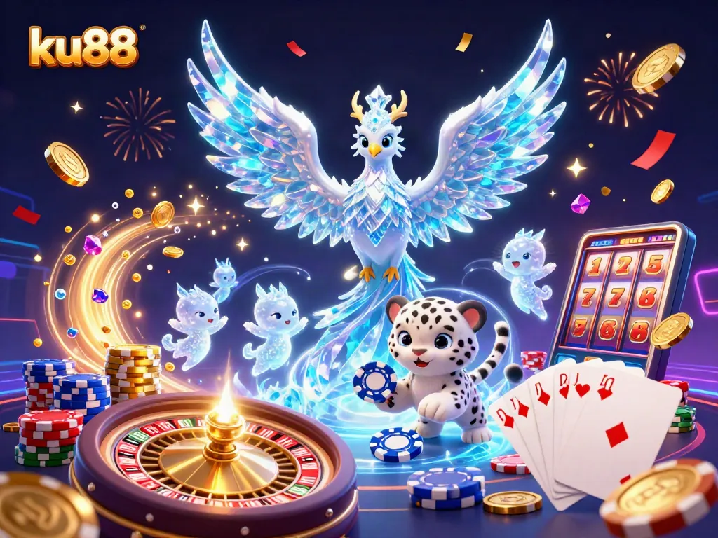 Engage with ku88's thrilling casino experience featuring a phoenix and poker chip amidst cascading coins.