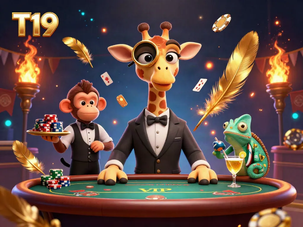T19 showcases a high-roller giraffe at a poker table, exciting players with vibrant casino elements.