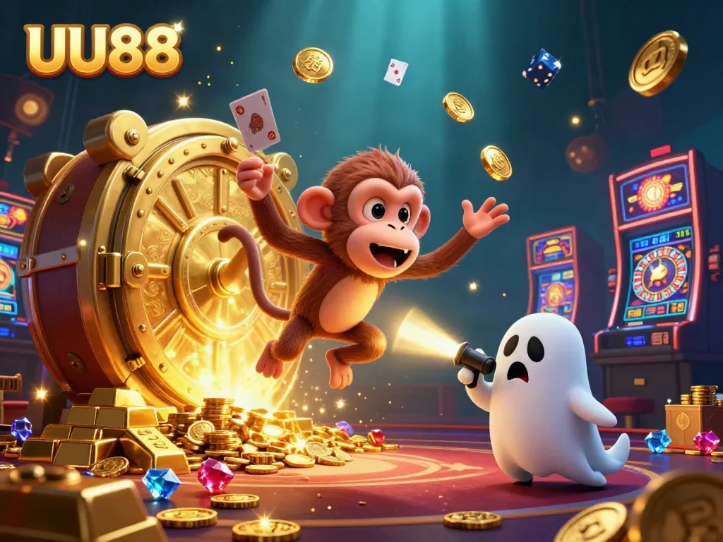Experience the excitement at UU88's haunted casino with the mischievous monkey and ghost-hunter puppy in a vibrant 3D illustration.