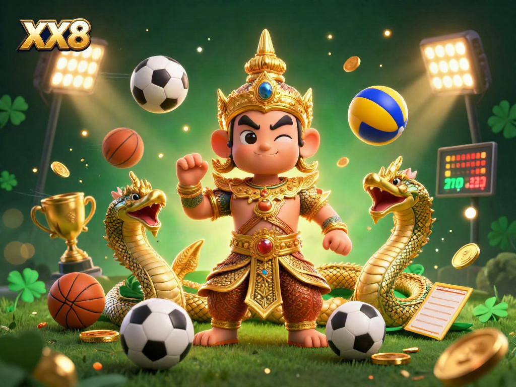Experience sports betting excitement with the XX8 guardians amidst vibrant visuals and dynamic elements.