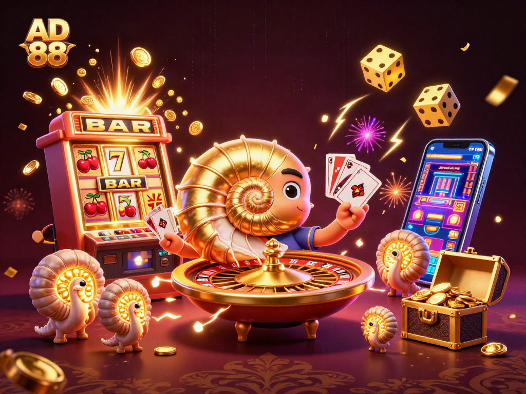 Experience the excitement of AD 88 with a vibrant 3D casino scene filled with thrilling games and symbols.