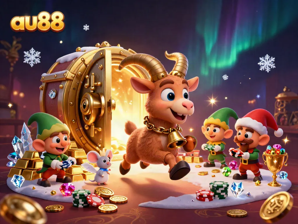 Experience the thrill of au88 with festive characters in a lively casino scene full of treasures and mischief