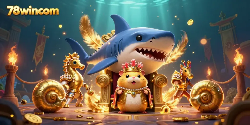 Feel the excitement of 78wincom in this dynamic scene featuring a golden hamster king with seahorse guards amidst swirling golden particles.