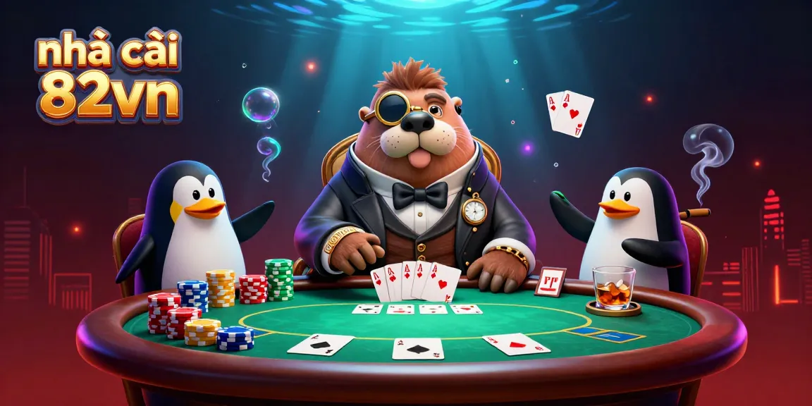 nhà cái 82vn showcases a vibrant underwater poker scene with a bluffing pufferfish and walrus dealer