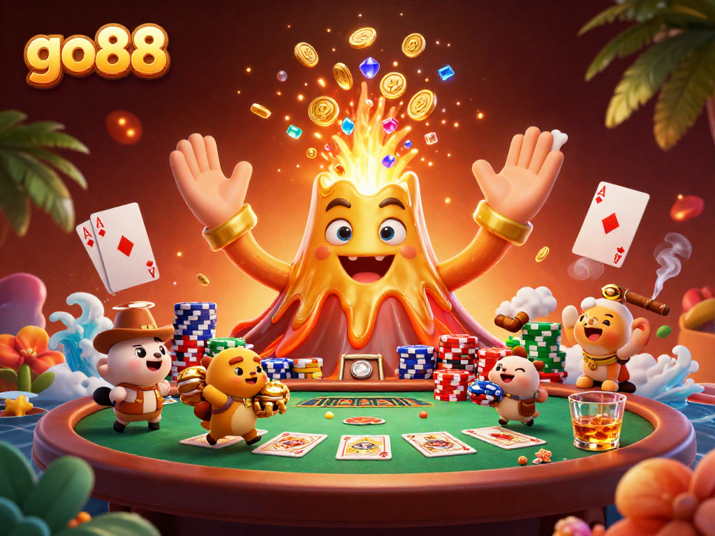 Experience thrilling moments at go88 with a vibrant 3D casino scene featuring poker action and treasure.