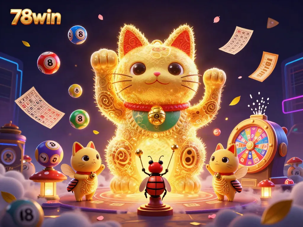 Experience the colorful world of 78win as golden fireflies form a lucky cat, surrounded by dynamic casino elements.