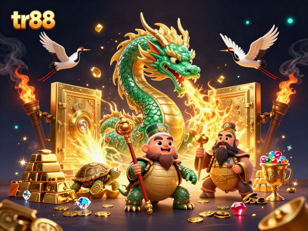 Experience the thrill of tr88 with a vibrant 3D casino scene featuring lucky symbols and treasures.