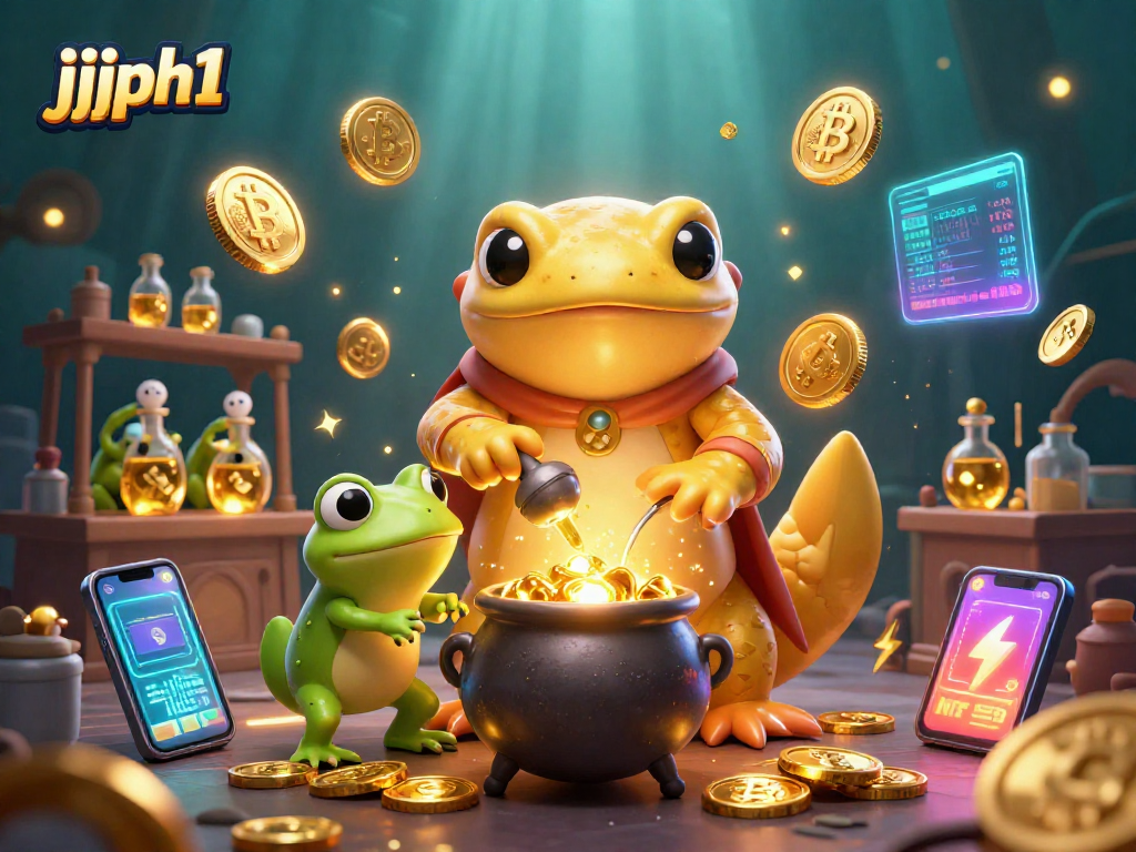 Nakatutuwang transmutasyon ng alchemist ng jjjph1 sa mga barya ng ginto na may mga cryptocurrency sa paligid.
