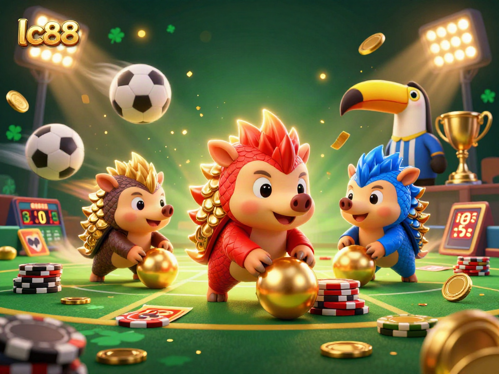 lc88 pangolins compete in a vibrant casino scene, bowling through casino chips.