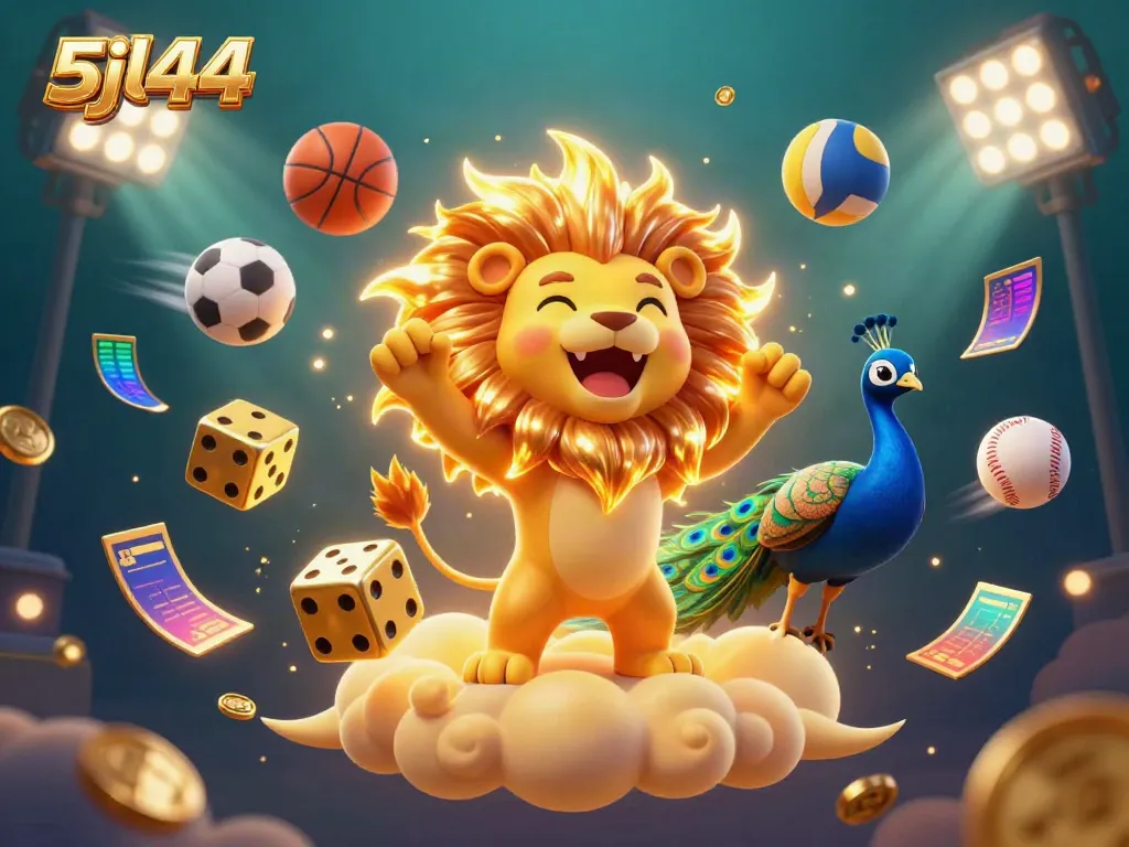 Win big with 5jl44 as a golden lion roars amidst vibrant gaming elements and dynamic sports balls.
