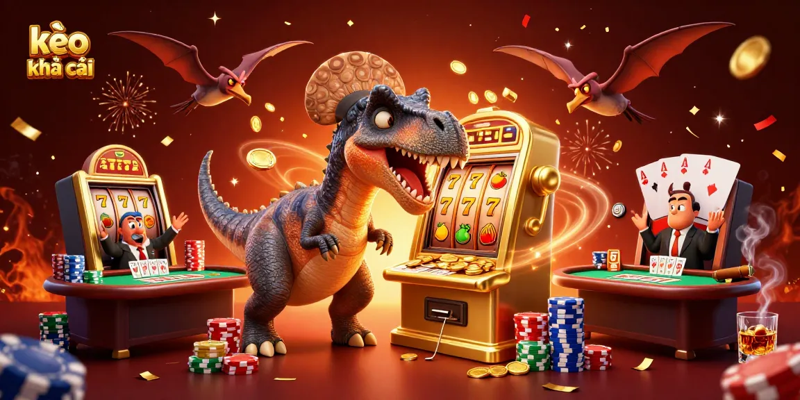 Engage with kèo nhà cái by a cartoon pachycephalosaurus winning jackpot coins near energetic casino scenes.